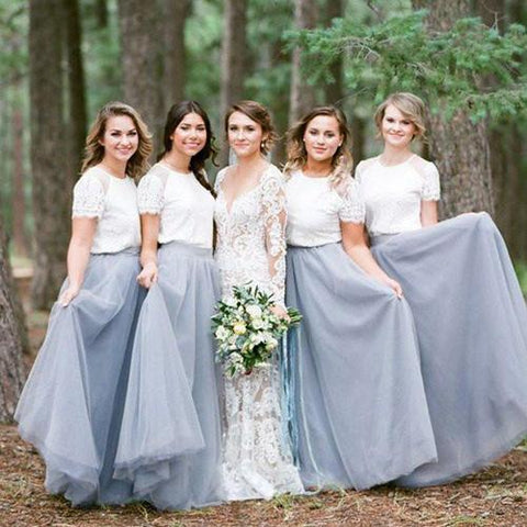 Light Grey Tulle Skirt White Top Short Sleeve Long Bridesmaid Dresses