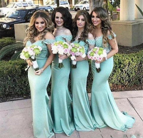 Charming Lace top Mermaid Off Shoulder Bridesmaid Dresses Wedding Guest Dress