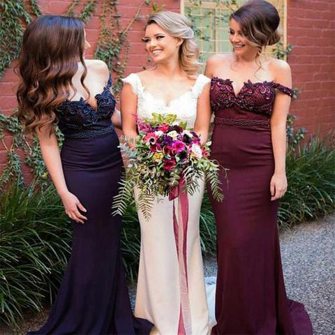 Burgundy Pink Navy Stunning Mermaid Off Shoulder Bridesmaid Dresses with Train