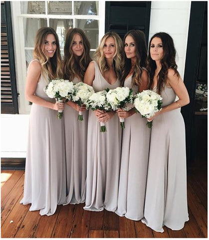 Simple Floor-Length V Back Chiffon Long Bridesmaid Dresses for Wedding Party