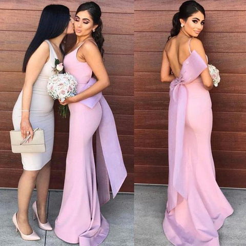 Lilac Satin Mermaid Open Back Long Bridesmaid Dresses With Bowtie
