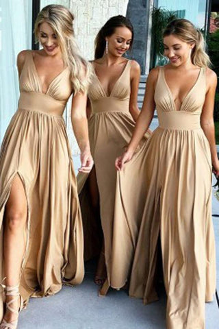 Simple Cheap A-Line V-Neck Floor-Length Long Bridesmaid Dress with Slit