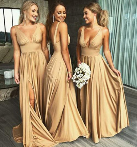 Simple Cheap A-Line V-Neck Floor-Length Long Bridesmaid Dress with Slit