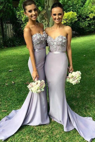Light Grey Mermaid Sweetheart Beaded Long Bridesmaid Dresses With Appliques