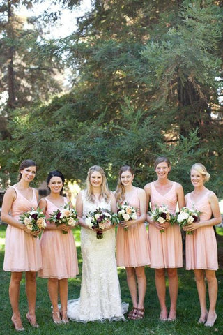 Simple Chiffon Short Pink A-line V-neck Bridesmaid Dresseses, Wedding Party Dress