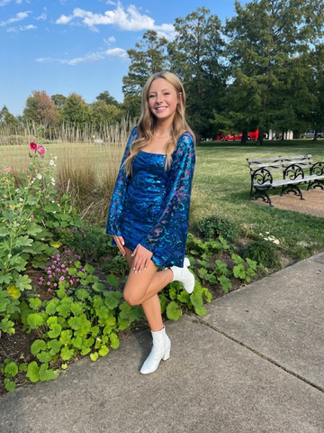 Vestido ajustado azul con lentejuelas y mangas acampanadas, vestido azul para fiesta de bienvenida Y6270