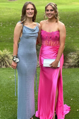 Robe de bal longue sirène fendue, ornée de dentelle bordeaux et sans bretelles, Y7883