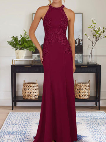 Dusty Blue Sheath Halter Long Mother of Bride Dress With Appliques