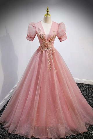 Robe de bal longue en tulle rose à col en V, coupe trapèze, manches courtes, Y892