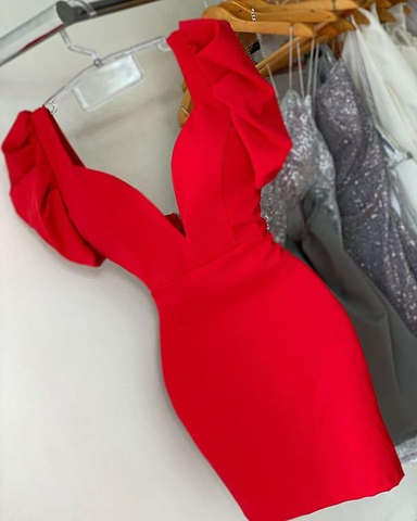 Elegante vestido rojo de fiesta con escote en V, vestido rojo para baile de bienvenida Y6040