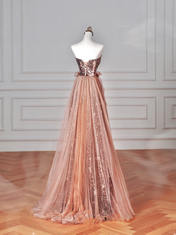 Robe de bal/soirée vintage rose doré sans bretelles en tulle à sequins et perles, coupe trapèze, référence Y8622