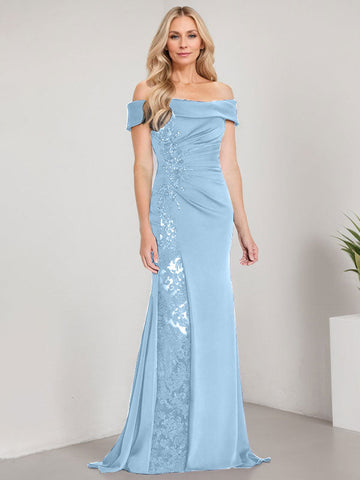 A-Line Off the Shoulder Floor-Length Mother of the Bride Dress Applique Beadings Mermaid Dress With  High Split