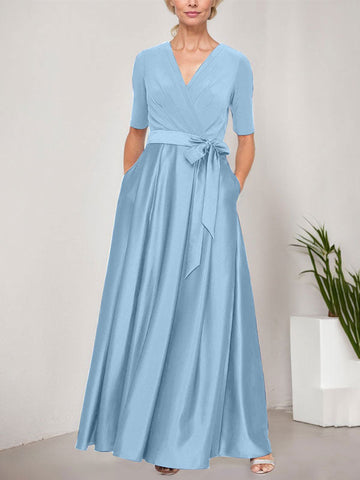 Surplice Neckline Ballgown with Full Satin Skirt & Jersey Bodice