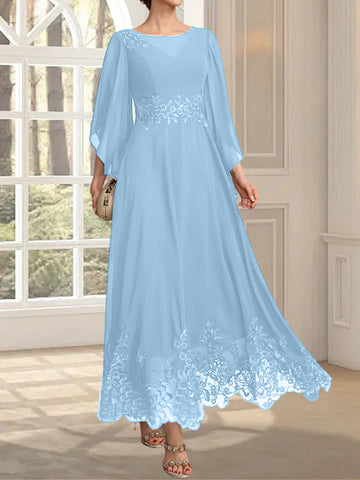 A-line Scoop Illusion Ankle-Length Lace Chiffon Mother of the Bride Dress With Sequins