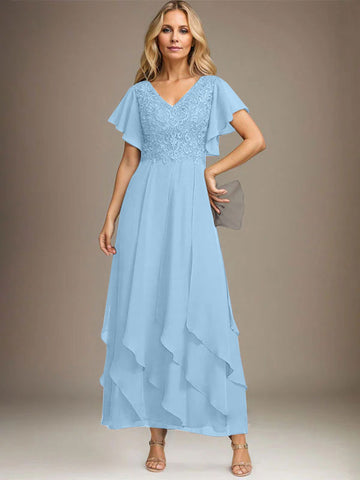 A-line V-Neck Ankle-Length Lace Chiffon Mother of the Bride Dress With Cascading Ruffles