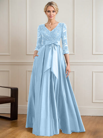 A-line V-Neck Floor-Length Satin Lace Mother of the Bride Dress With Sequins Bow