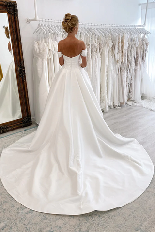 Ball Gown Off The Shoulder Satin Simple Wedding Dress Bridal Gown  WD649