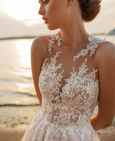Beach A-Line Wedding Dresses O-neck Sleeveless Vestidos De Novia Custom Made Appliques Vestido De Noiva