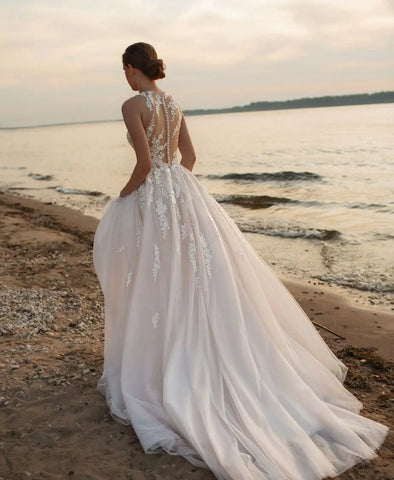 Beach A-Line Wedding Dresses O-neck Sleeveless Vestidos De Novia Custom Made Appliques Vestido De Noiva