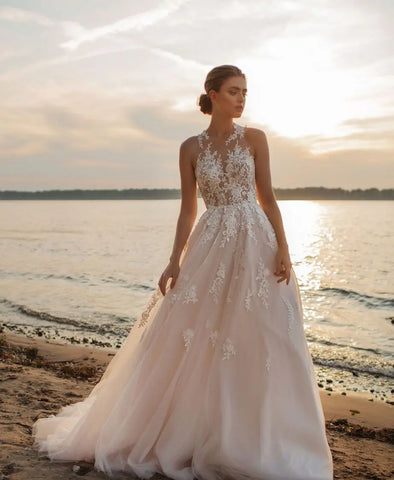 Beach A-Line Wedding Dresses O-neck Sleeveless Vestidos De Novia Custom Made Appliques Vestido De Noiva