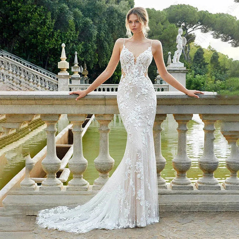Beautiful Lace Sexy Off Shoulder Elegant Mermaid Sleeveless Deep V-neck Mop Wedding Dresses Strapless Bohemia Bridal Gowns