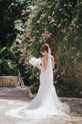 Beautiful Long Mermaid Spaghetti Straps V-neck Lace Sleeveless Backless Wedding Dress