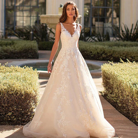 Beautiful Romantic A-line V-neck Sleeveless Sexy Backless Wedding Dresses New For Women Grace Flowers Gorgeous Bridal Gowns