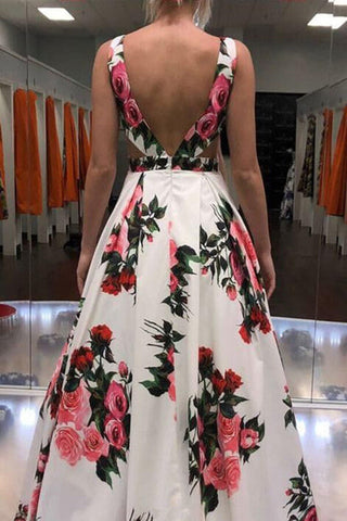 A-line Floral Straps Sleeveless Long Prom Dresses, Evening Gown