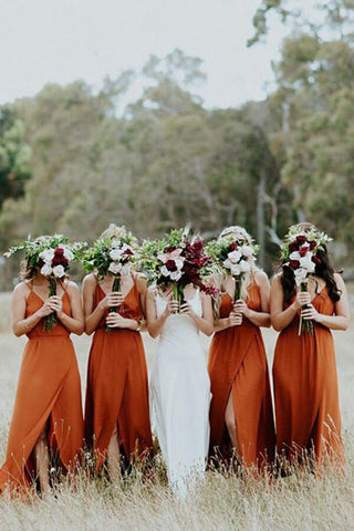 Beautiful Dark Orange A-line Spaghetti Straps Bridesmaid Dress With Split