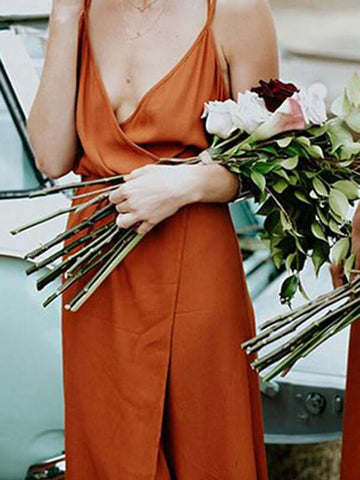 Beautiful Dark Orange A-line Spaghetti Straps Bridesmaid Dress With Split