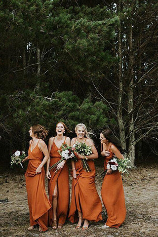 Beautiful Dark Orange A-line Spaghetti Straps Bridesmaid Dress With Split