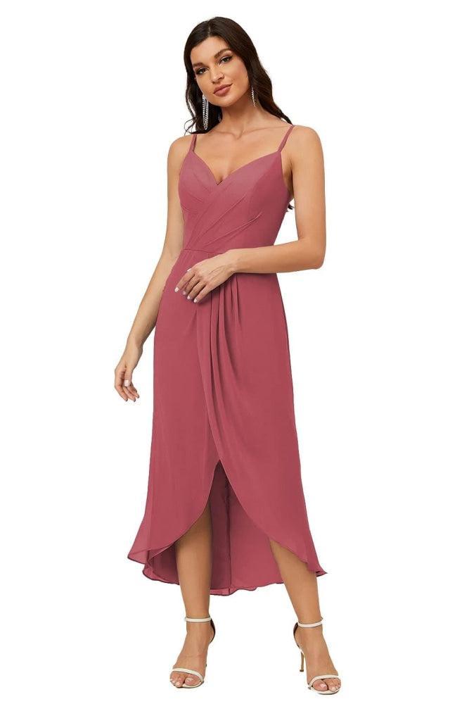 Spaghetti Chiffon V Neck Bridesmaid Dress Mid-Length Slit Formal Prom Dress Homecoming Dress 2803