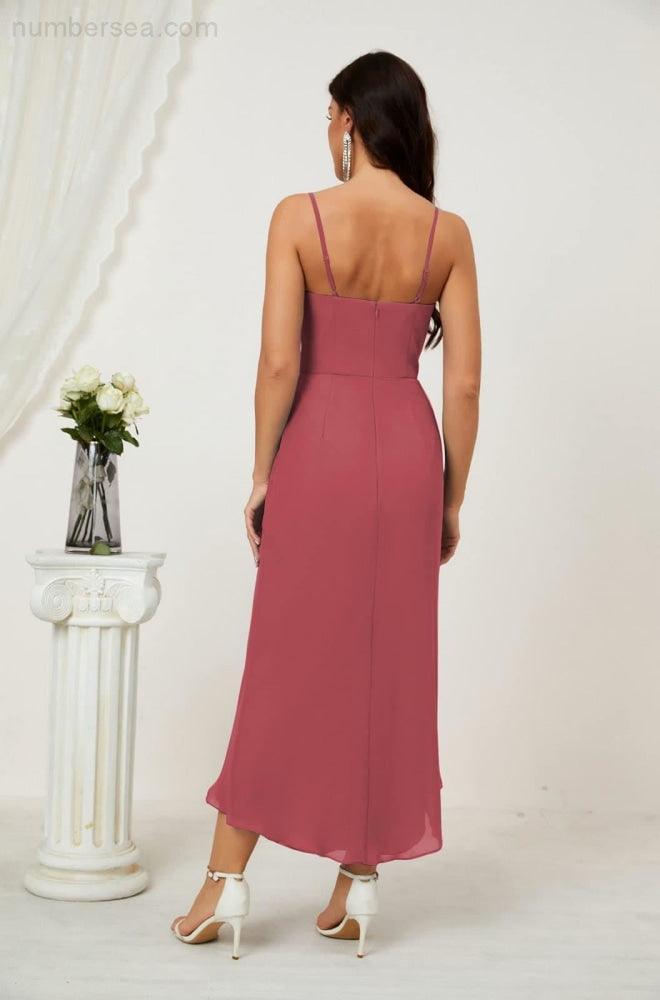 Spaghetti Chiffon V Neck Bridesmaid Dress Mid-Length Slit Formal Prom Dress Homecoming Dress 2803