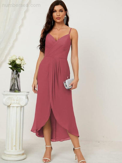 Spaghetti Chiffon V Neck Bridesmaid Dress Mid-Length Slit Formal Prom Dress Homecoming Dress 2803