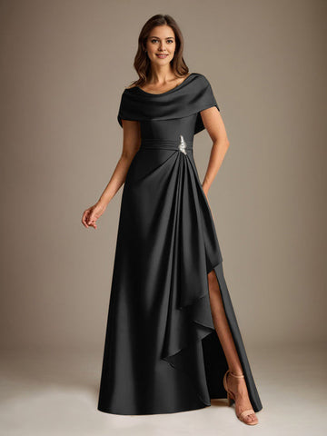 A-Line Scoop Floor-Length Stretch Satin Mother of the Bride Dress With Cascading Ruffles