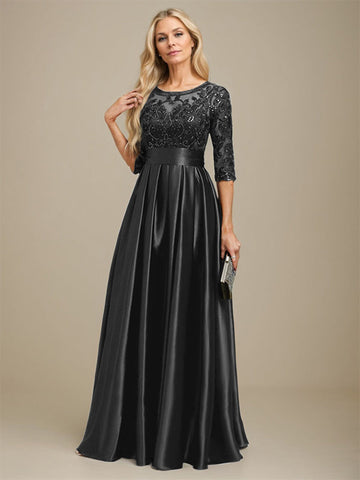 A-line Scoop Illusion Floor-Length Stretch Satin Lace Mother of the Bride Dress With Bow Sequins
