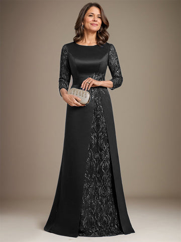 A-Line Scoop Floor-Length Lace Satin Mother Of the Bride Dress With Applique