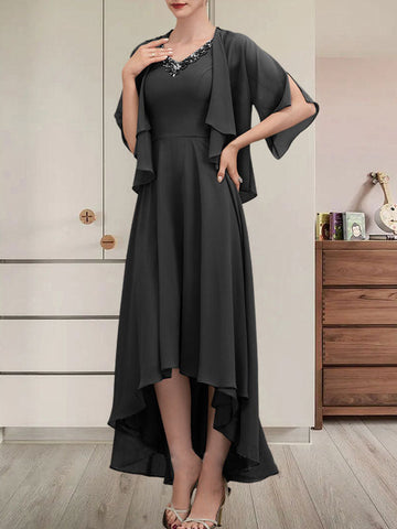 A-line V-Neck Asymmetrical Chiffon Mother of the Bride Dress With Beading Sequins