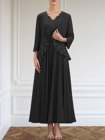 A-line V-Neck Ankle-Length Chiffon Mother of the Bride Dress With Sequins Appliques Lace Beading