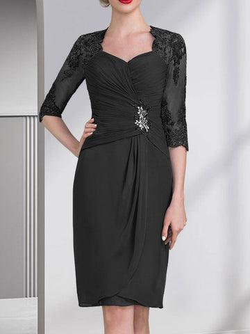 Sheath/Column Sweetheart Knee-Length Chiffon Mother of the Bride Dress With Beading Appliques Lace Sequins Pleated