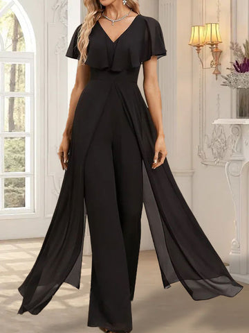 Jumpsuit/Pantsuit V-Neck Floor-Length Chiffon Evening Dress