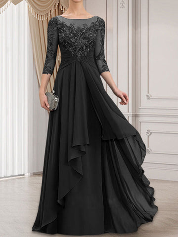 A-line Scoop Illusion Floor-Length Lace Chiffon Mother of the Bride Dress With Cascading Ruffles