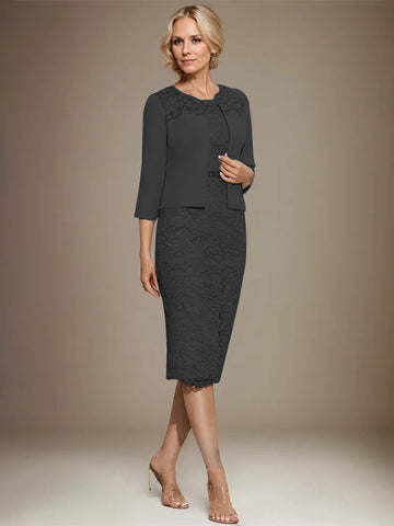 Sheath/Column Scoop Knee-Length Chiffon Lace Mother of the Bride Dress With Beading