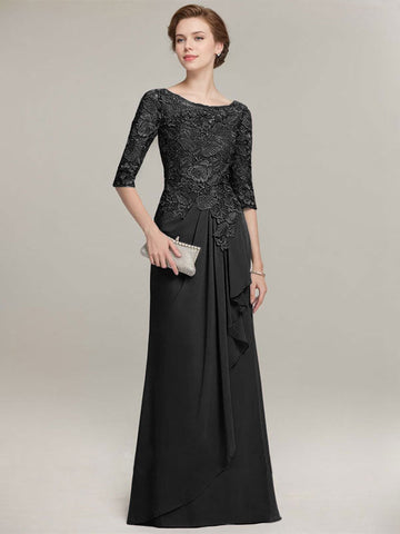 A-line Scoop Illusion Floor-Length Lace Chiffon Mother of the Bride Dress With Cascading Ruffles