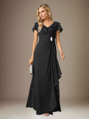 Stormy A-Line V-Neck Ruched Chiffon Dress