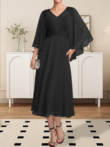 A-line V-Neck Tea-Length Chiffon Lace Mother of the Bride Dress With Beading Sequins