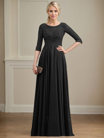 A-line Scoop Illusion Floor-Length Lace Chiffon Mother of the Bride Dress With Sequins