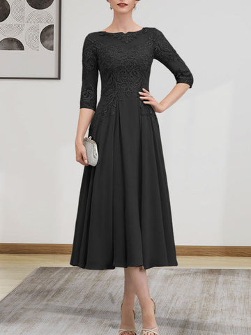 A-line Scoop Illusion Tea-Length Chiffon Lace Mother of the Bride Dress With Beading Sequins