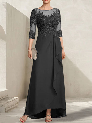 A-line Scoop Illusion Asymmetrical Lace Chiffon Mother of the Bride Dress With Sequins Cascading Ruffles