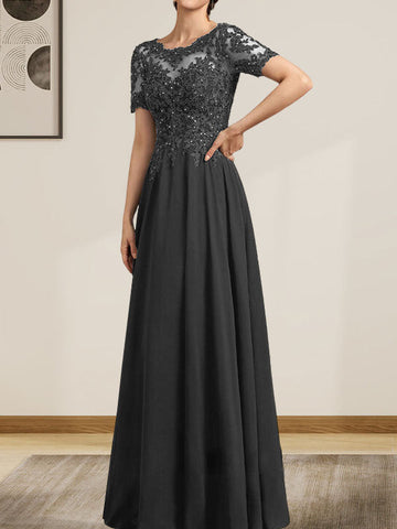 A-line Scoop Illusion Floor-Length Chiffon Lace Mother of the Bride Dress With Sequins Beading